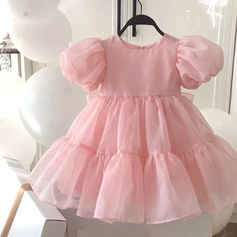 2026 Summer Girls Puff Sleeve Mesh Princess Dresses Sweety Bow Kids Wedding Clothing 1-10years Old Baby Girls Birthday Party Dre