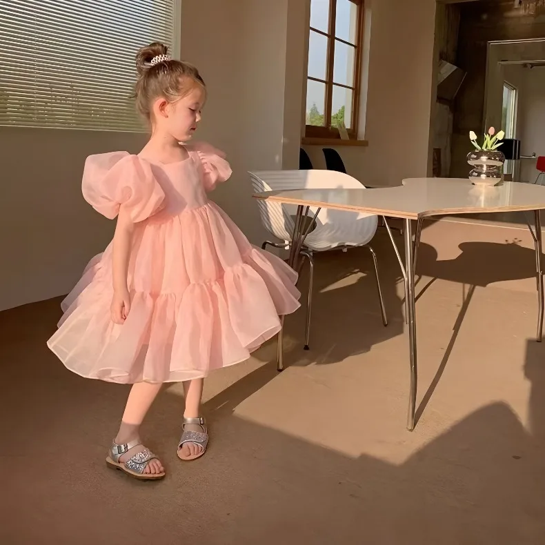 2026 Summer Girls Puff Sleeve Mesh Princess Dresses Sweety Bow Kids Wedding Clothing 1-10years Old Baby Girls Birthday Party Dre