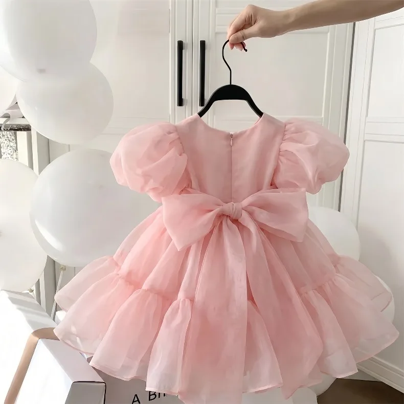 2026 Summer Girls Puff Sleeve Mesh Princess Dresses Sweety Bow Kids Wedding Clothing 1-10years Old Baby Girls Birthday Party Dre