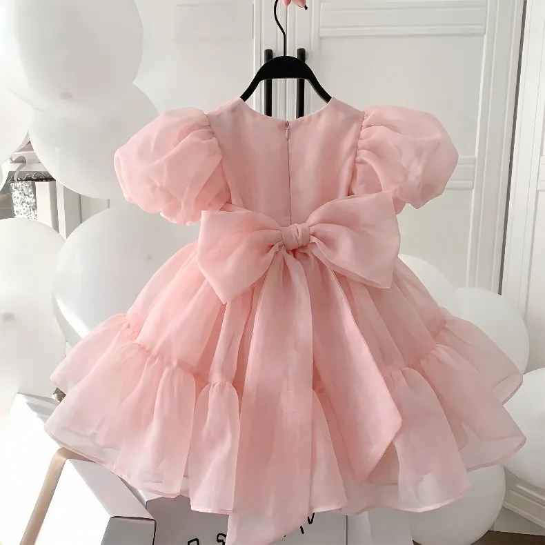 2026 Summer Girls Puff Sleeve Mesh Princess Dresses Sweety Bow Kids Wedding Clothing 1-10years Old Baby Girls Birthday Party Dre