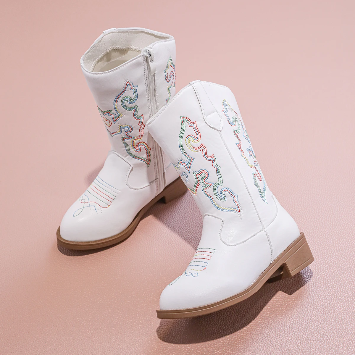 PU Cowboy Ankle Boots for Girls New Autumn Winter Kids Mid-calf Boots Non-slip Side Zip Simple Retro Kids Casual Boots