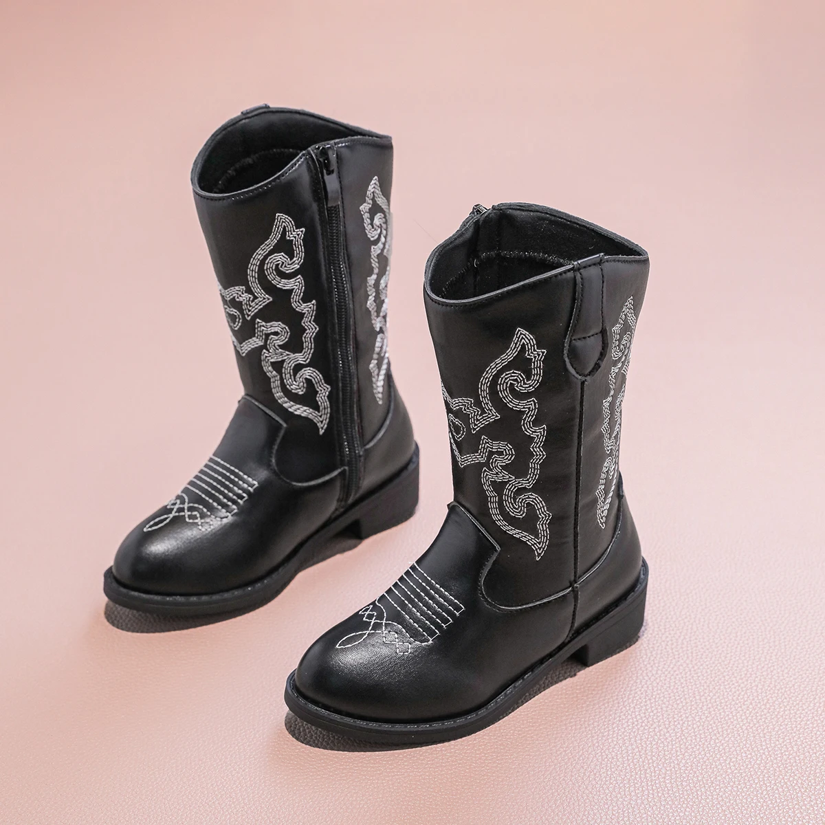PU Cowboy Ankle Boots for Girls New Autumn Winter Kids Mid-calf Boots Non-slip Side Zip Simple Retro Kids Casual Boots