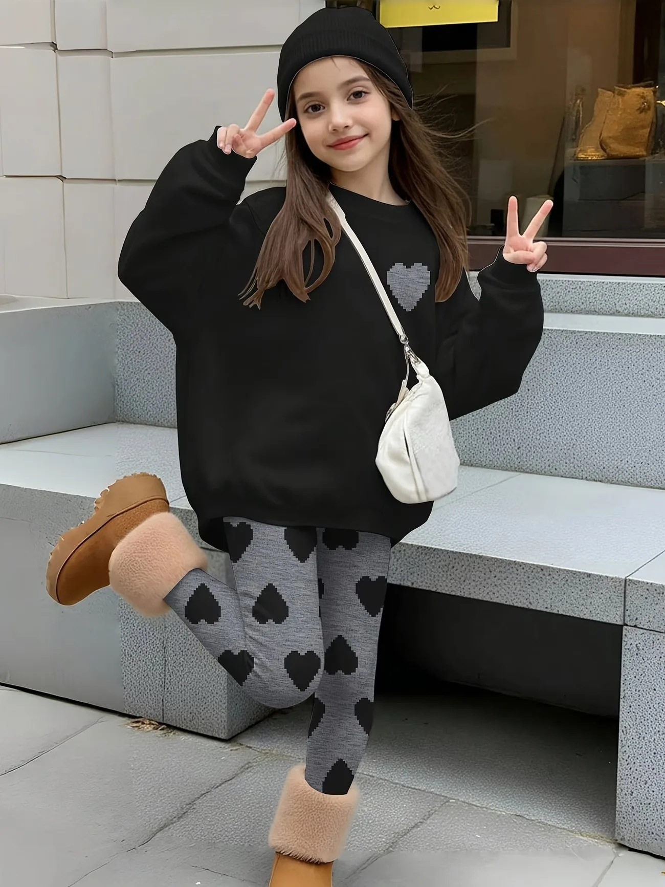 Fashion Girls 2 Pack Heart Graphic Sweatshirt Set Black Crewneck Top & Grey Heart Leggings Street Style