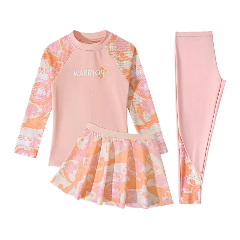 New Girls Fashion Swimsuit Sets Kids Long Sleeve Letter Top + Pants + Skirt 3Pcs for Kids 5-12 Years Split Swimming Clothes