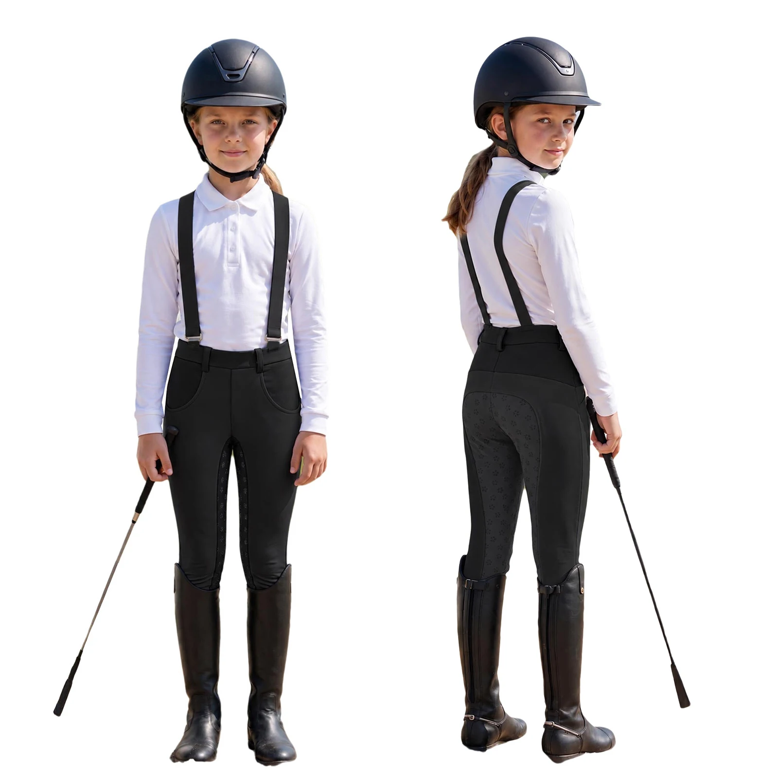 Kids Boys Girls Equestrian Training Performance Pants Horse Riding Trousers Anti-slip Full Seat Breeches Leggings with Pockets