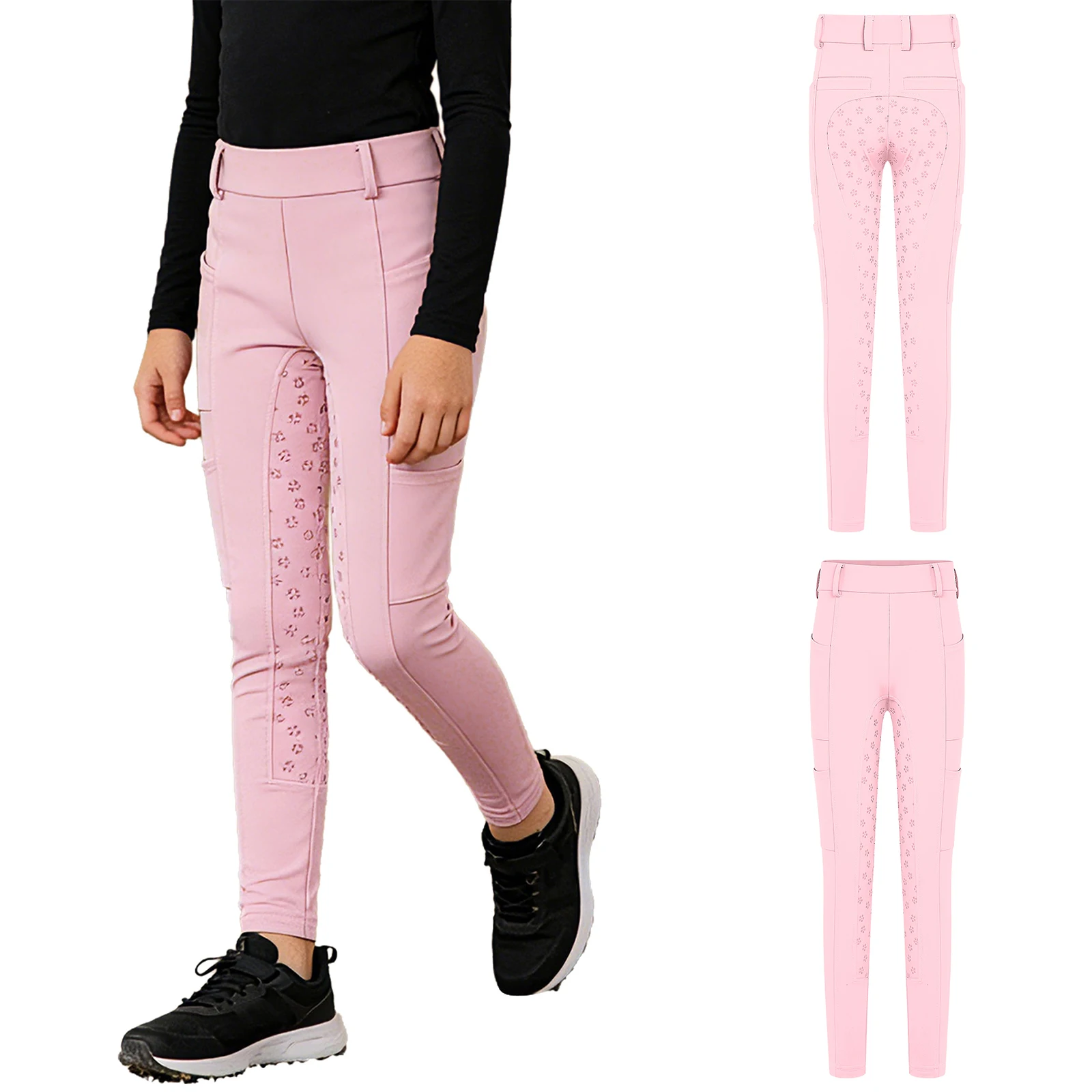 Kids Boys Girls Equestrian Training Performance Pants Horse Riding Trousers Anti-slip Full Seat Breeches Leggings with Pockets