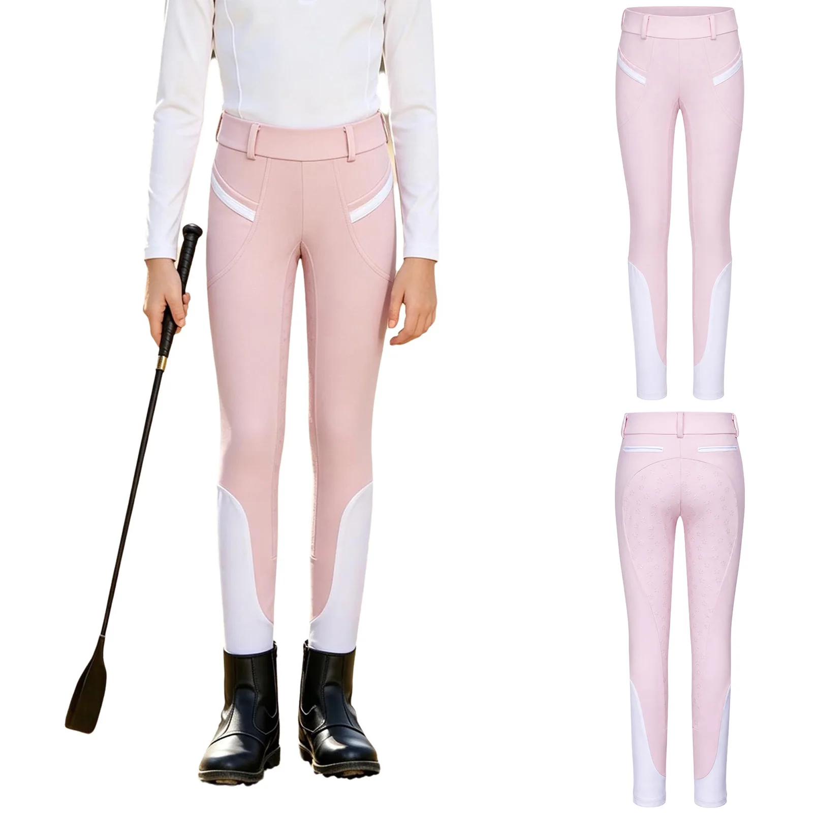 Kids Boys Girls Equestrian Training Performance Pants Horse Riding Trousers Anti-slip Full Seat Breeches Leggings with Pockets