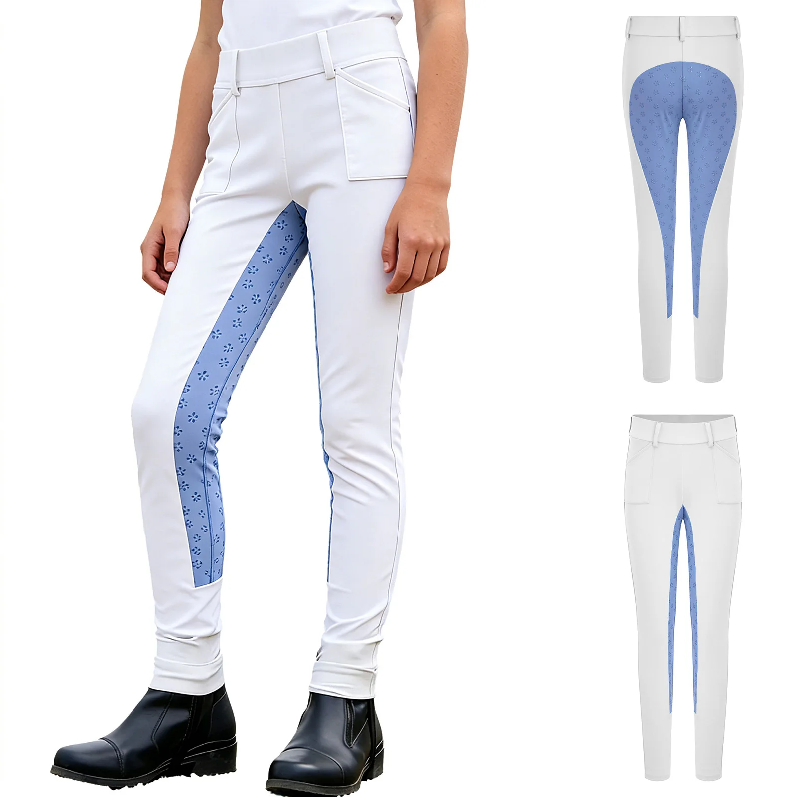 Kids Boys Girls Equestrian Training Performance Pants Horse Riding Trousers Anti-slip Full Seat Breeches Leggings with Pockets