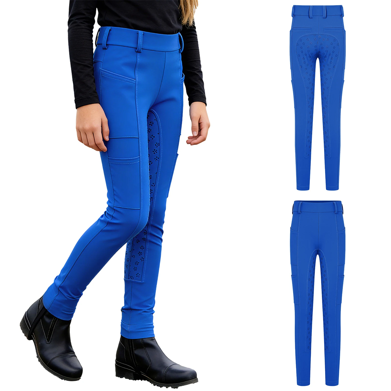 Kids Boys Girls Equestrian Training Performance Pants Horse Riding Trousers Anti-slip Full Seat Breeches Leggings with Pockets