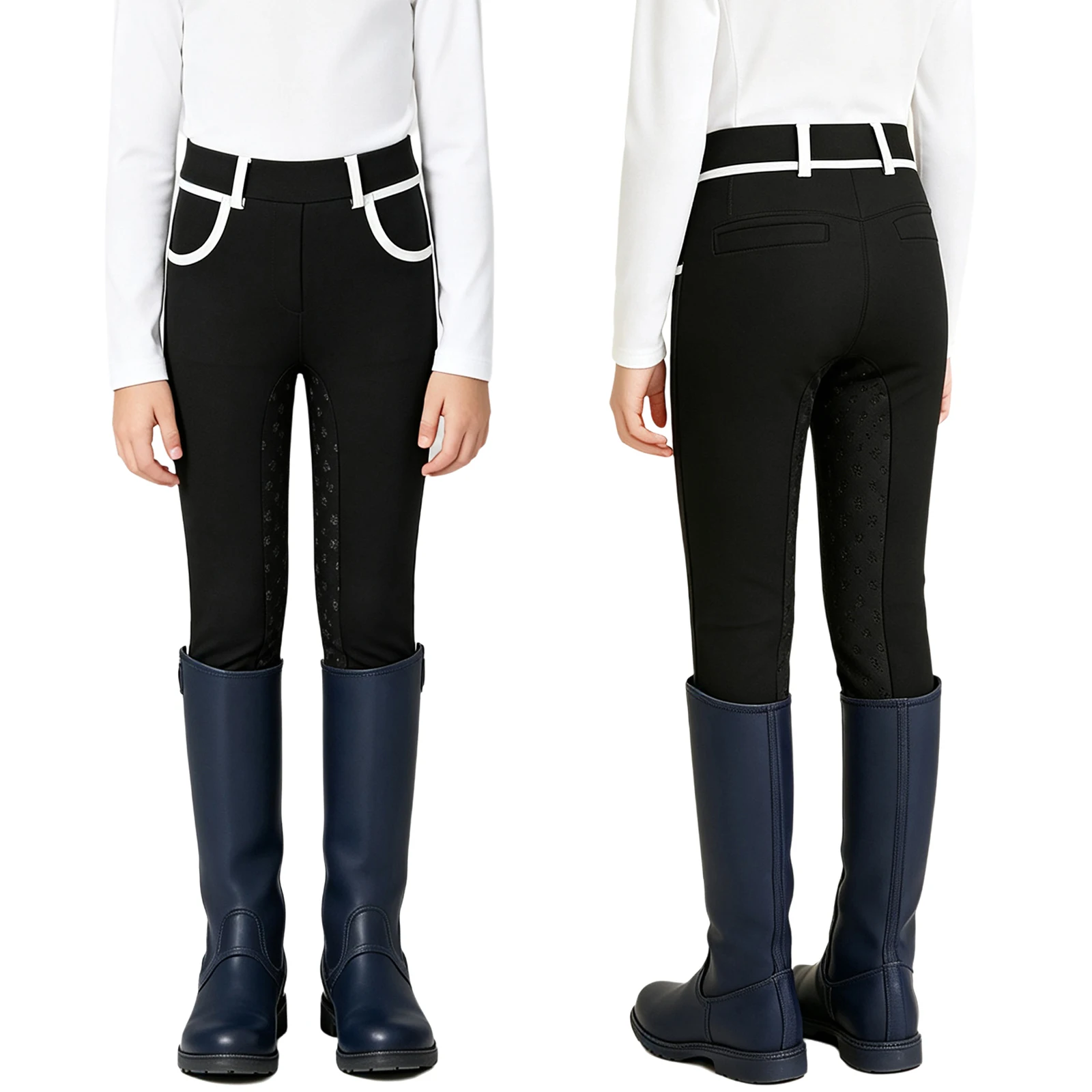 Kids Boys Girls Equestrian Training Performance Pants Horse Riding Trousers Anti-slip Full Seat Breeches Leggings with Pockets
