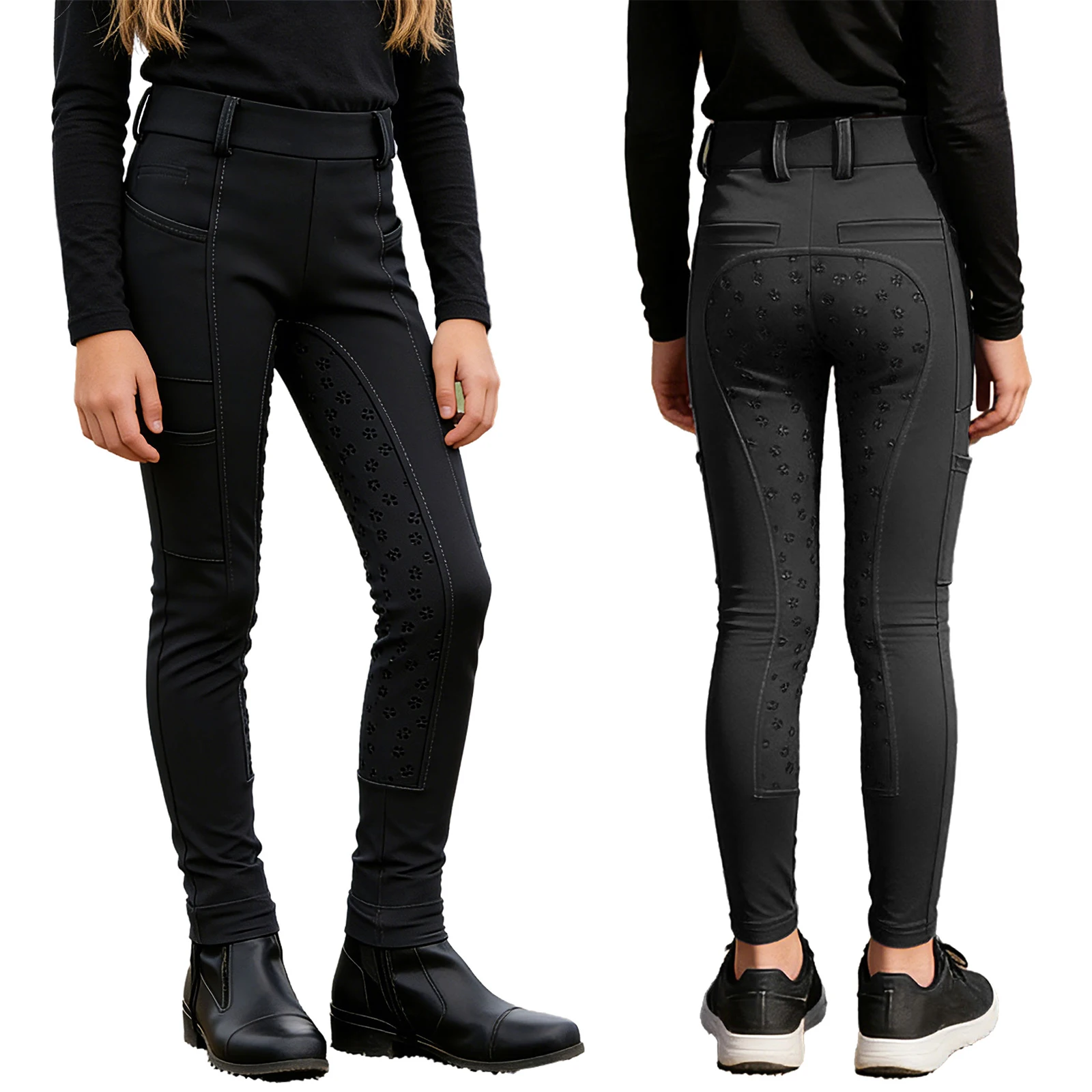 Kids Boys Girls Equestrian Training Performance Pants Horse Riding Trousers Anti-slip Full Seat Breeches Leggings with Pockets