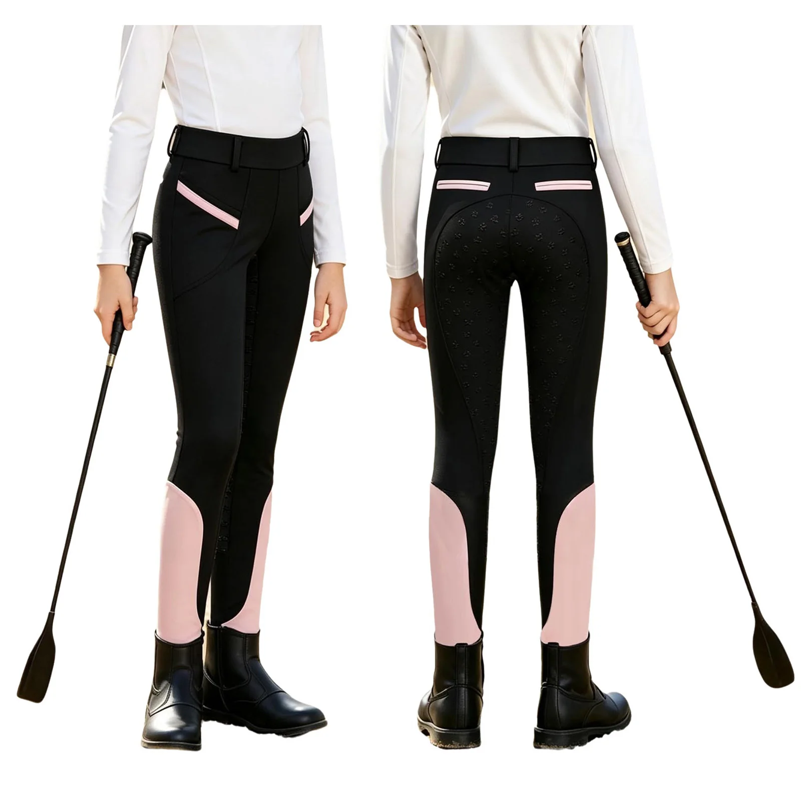 Kids Boys Girls Equestrian Training Performance Pants Horse Riding Trousers Anti-slip Full Seat Breeches Leggings with Pockets