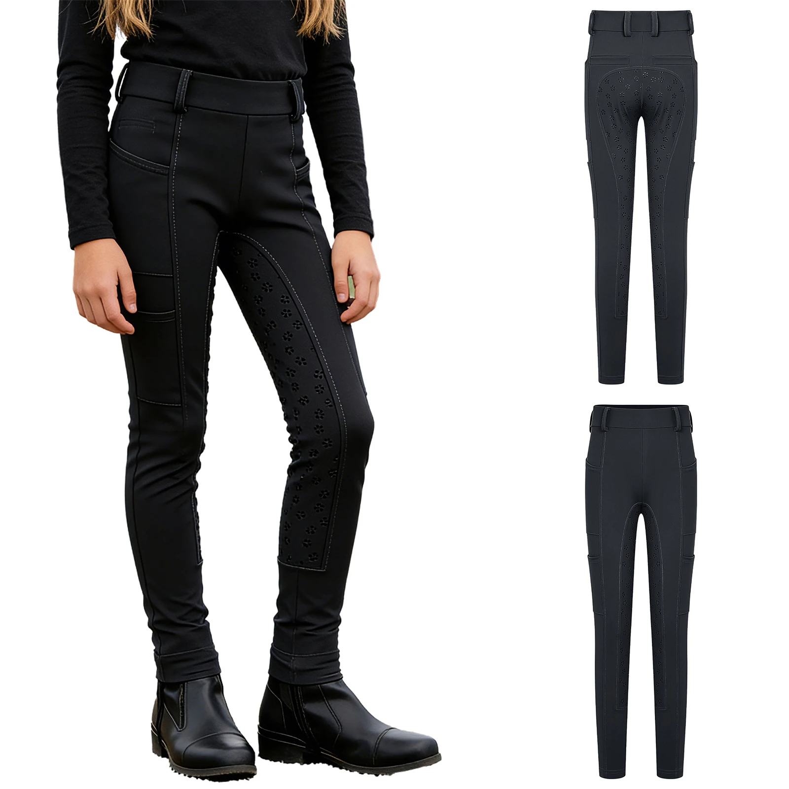 Kids Boys Girls Equestrian Training Performance Pants Horse Riding Trousers Anti-slip Full Seat Breeches Leggings with Pockets