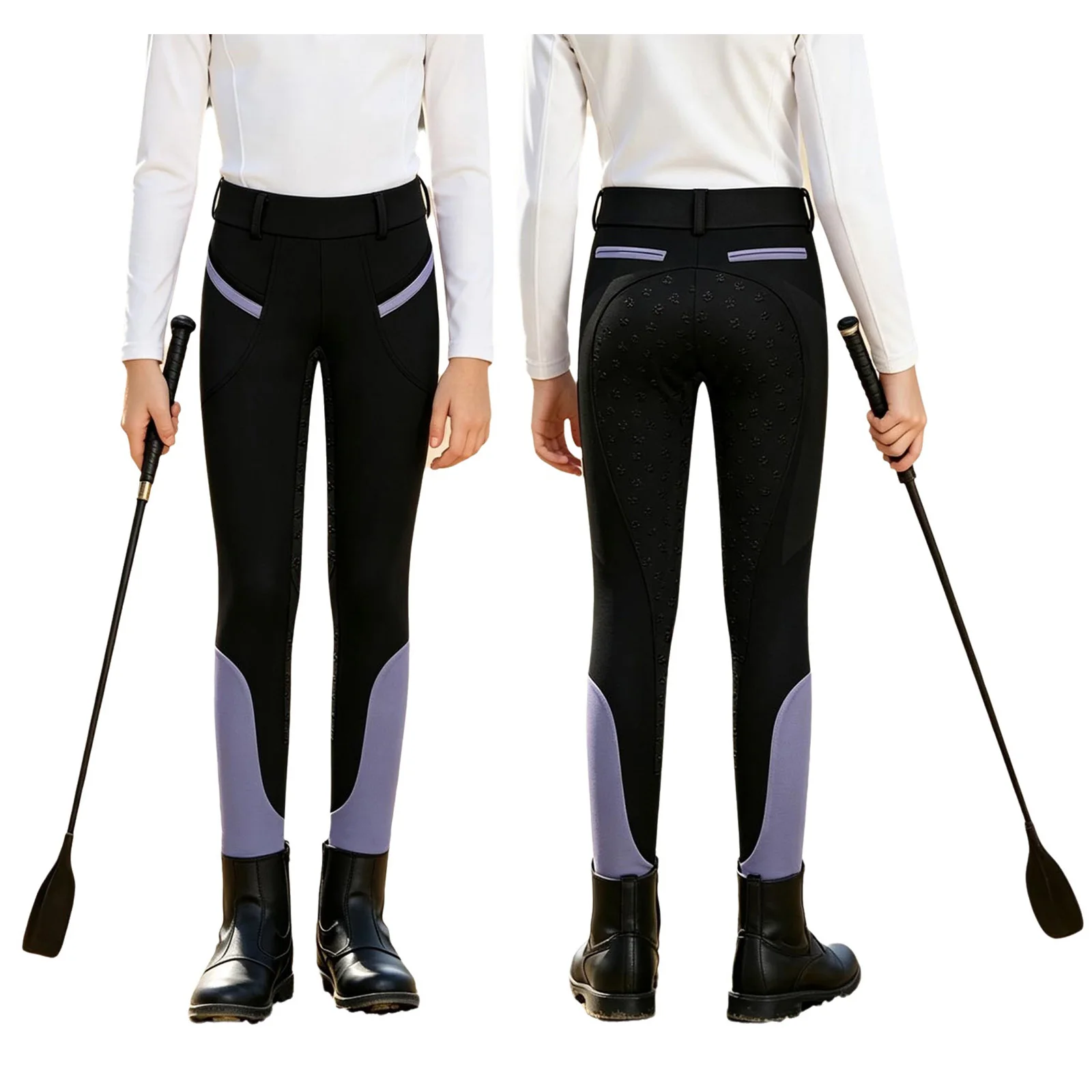 Kids Boys Girls Equestrian Training Performance Pants Horse Riding Trousers Anti-slip Full Seat Breeches Leggings with Pockets