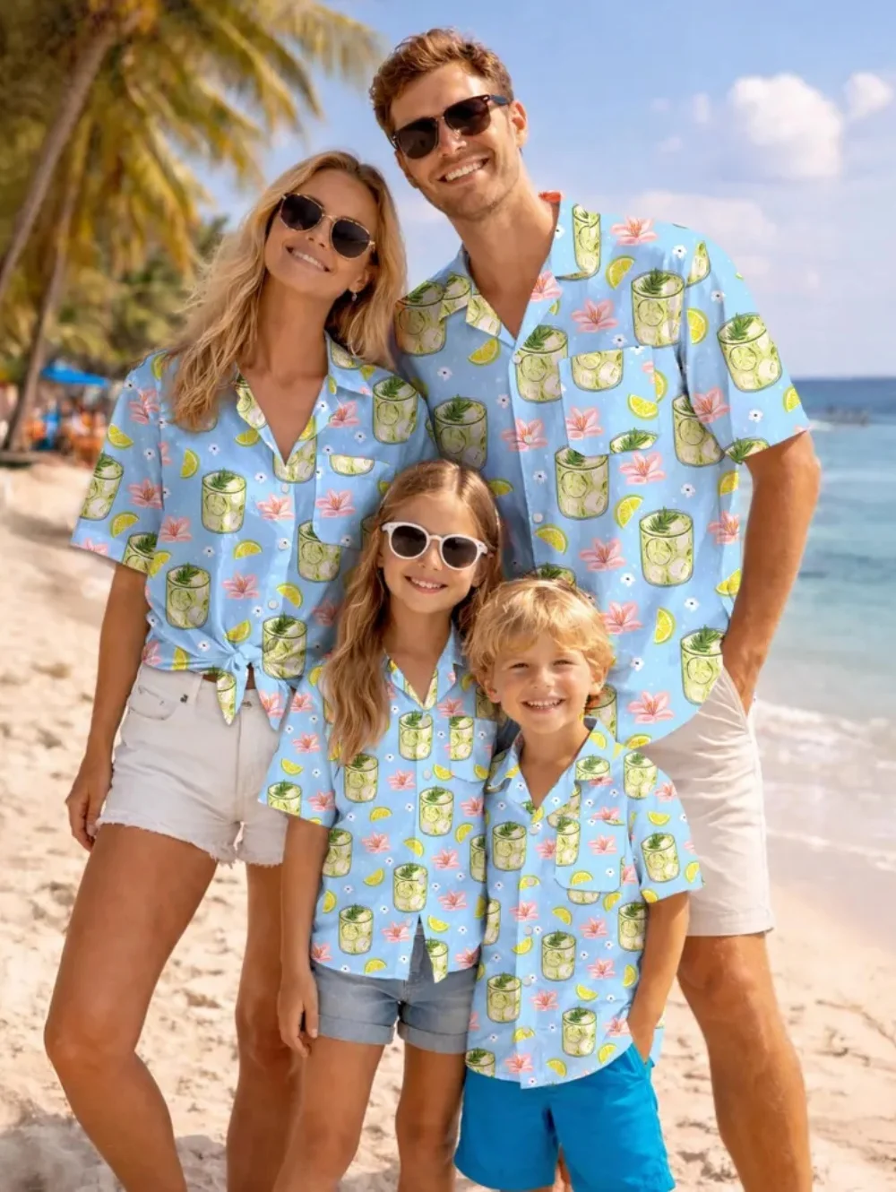 Summer Men's Family Wear Hawaiian Style Shirt Summer Coconut Tree Graphics Short Sleeve Shirt Vacation Parent-Child Gift Shirt