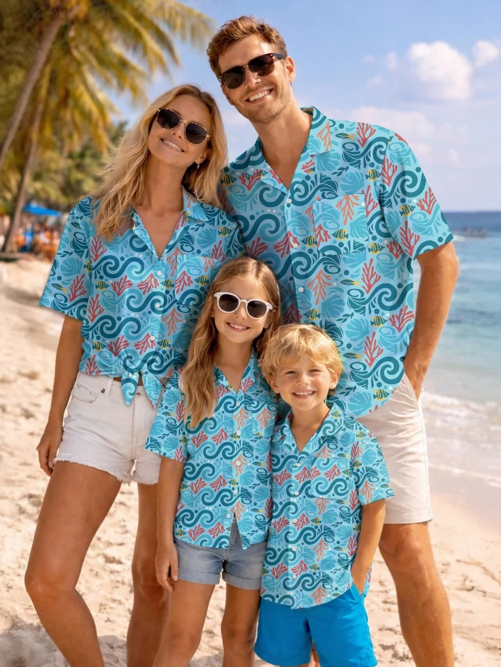 Summer Men's Family Wear Hawaiian Style Shirt Summer Coconut Tree Graphics Short Sleeve Shirt Vacation Parent-Child Gift Shirt