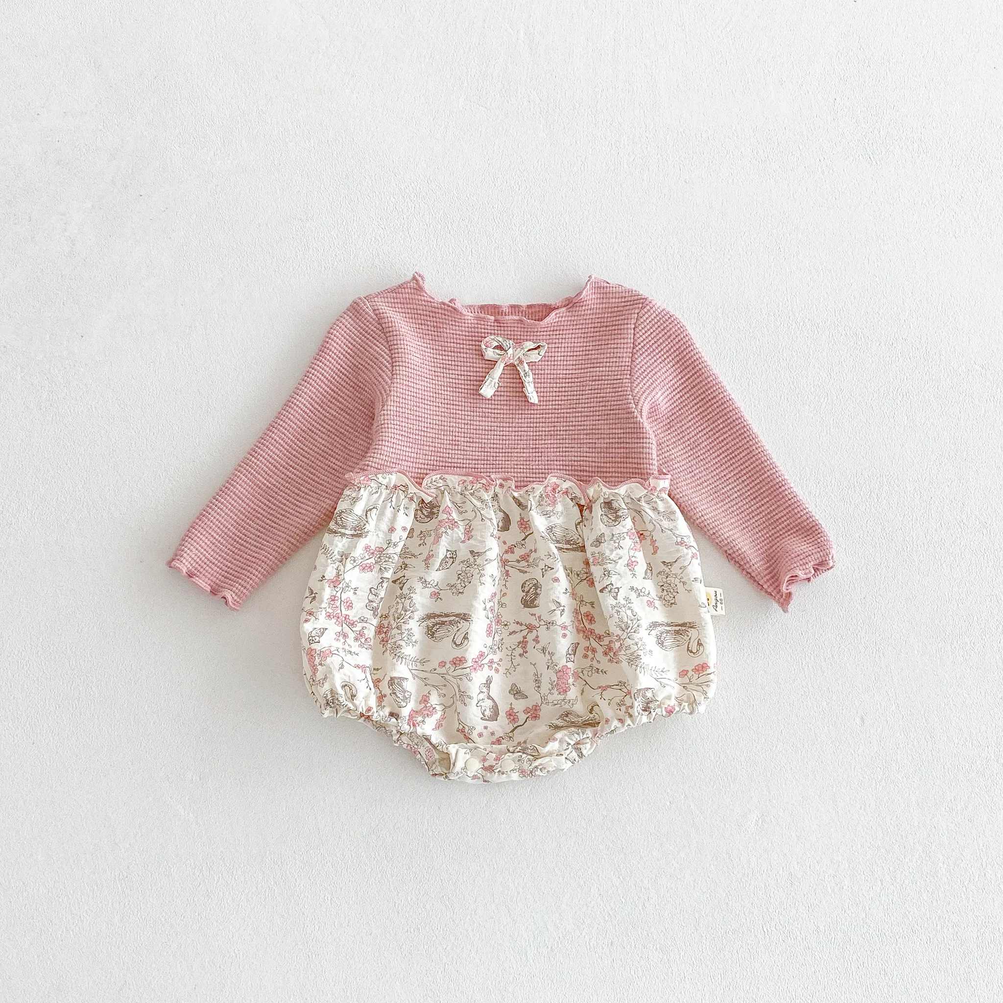 Autumn Baby Girl Long-Sleeved Triangular One-Piece Dress With Patchwork Printed Climbing Suit