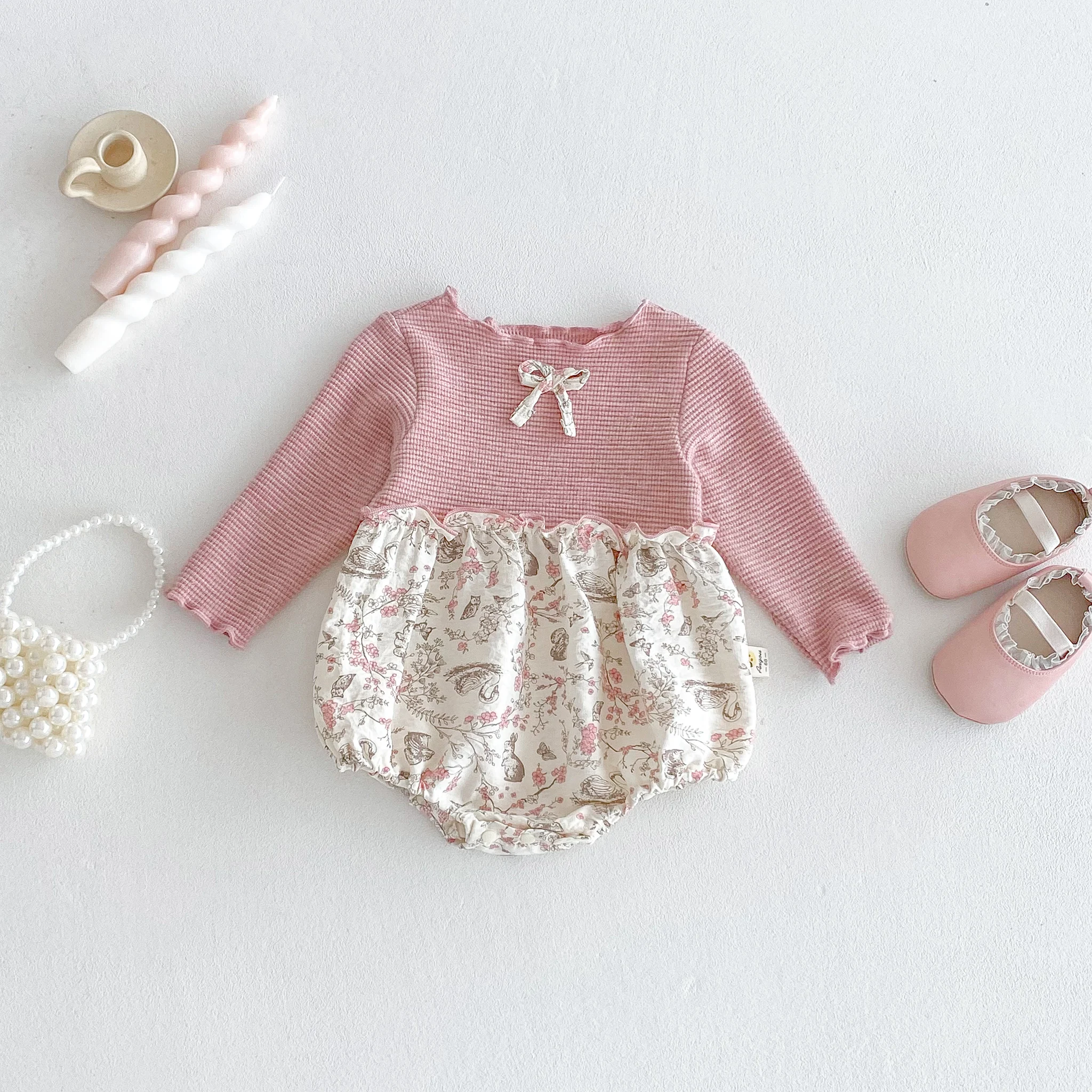 Autumn Baby Girl Long-Sleeved Triangular One-Piece Dress With Patchwork Printed Climbing Suit