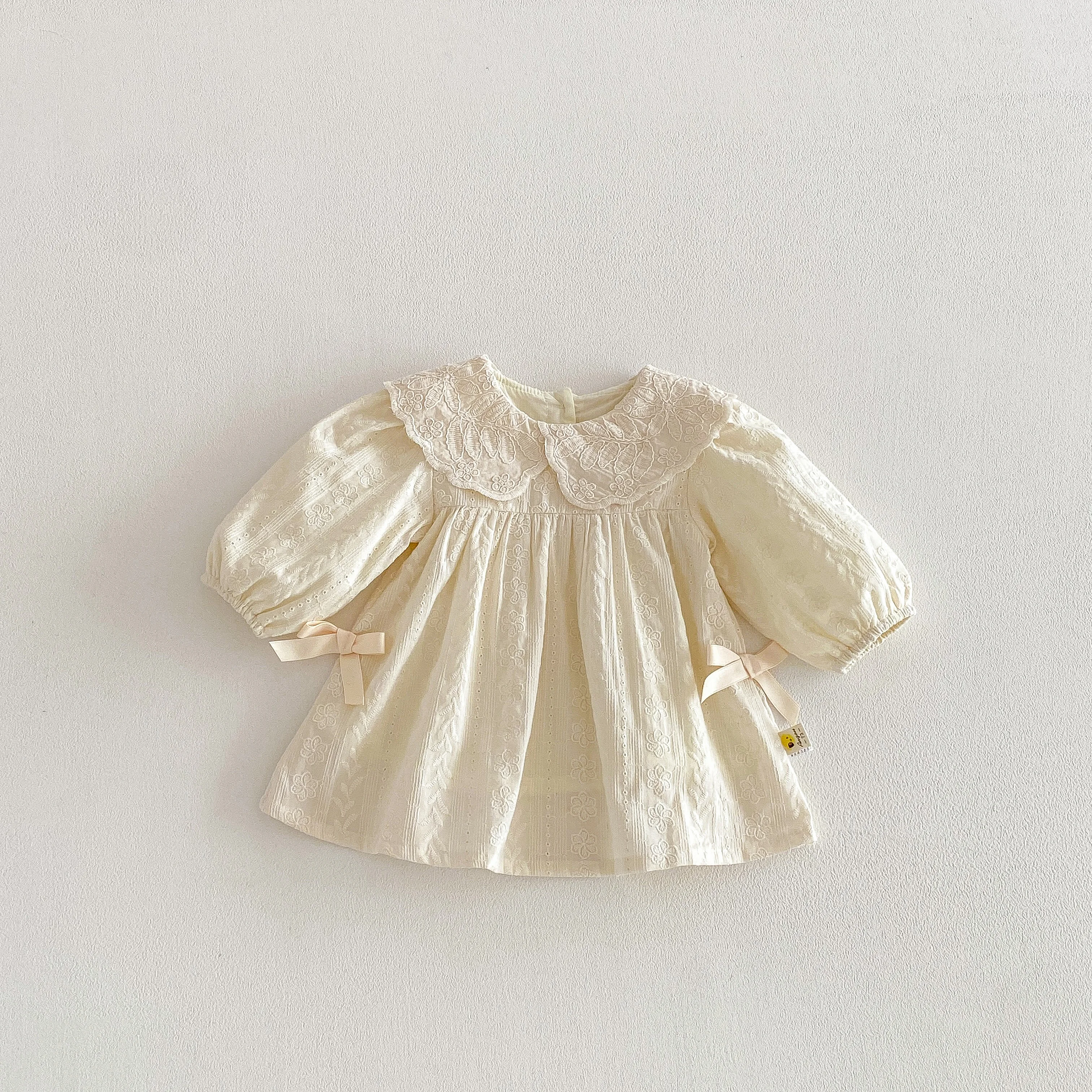 Spring 2026 New Style Korean-style Girls' Collared Plaid Long-Sleeved Dress- Fresh and Cute Princess-style Butterfly Knot Dress