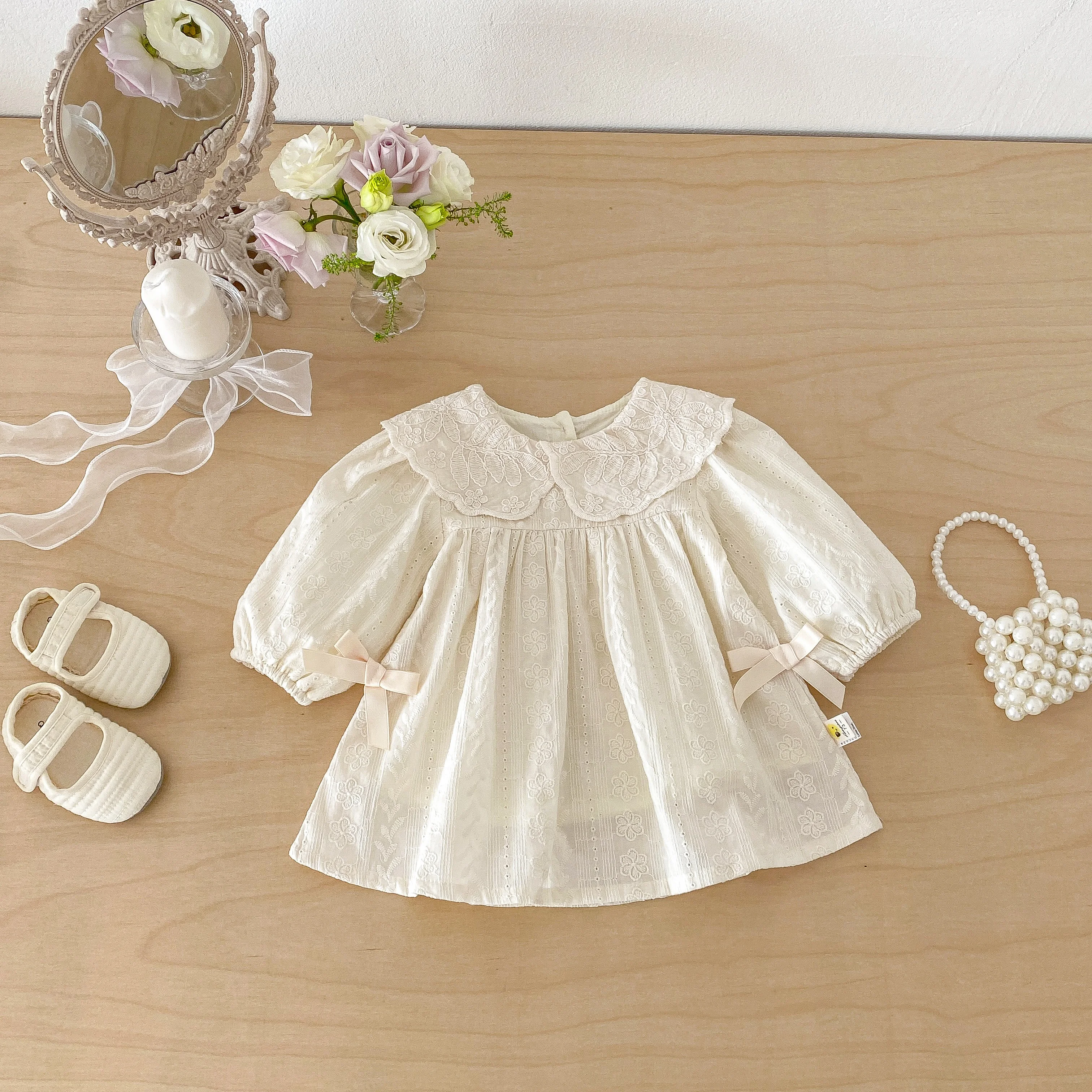 Spring 2026 New Style Korean-style Girls' Collared Plaid Long-Sleeved Dress- Fresh and Cute Princess-style Butterfly Knot Dress