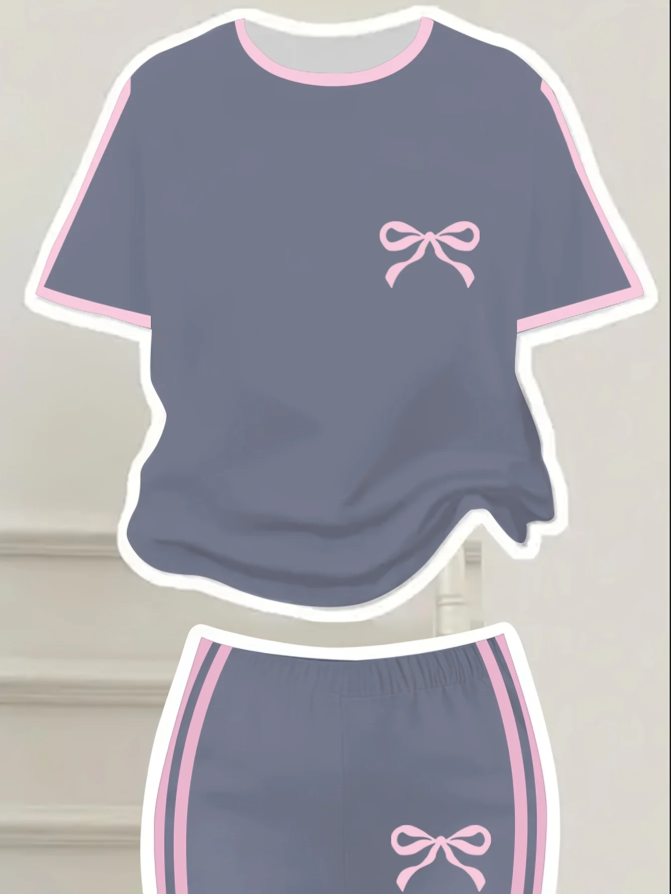 Girls' Summer Casual Outfit: Bow Print Short-Sleeve T-Shirt + Flared Long Pants Two-Piece Set with Pink Trim and Bow Print, Fashionable and Versatile, Suitable for Girls Aged 4-12, for Home and Outdoor Wear