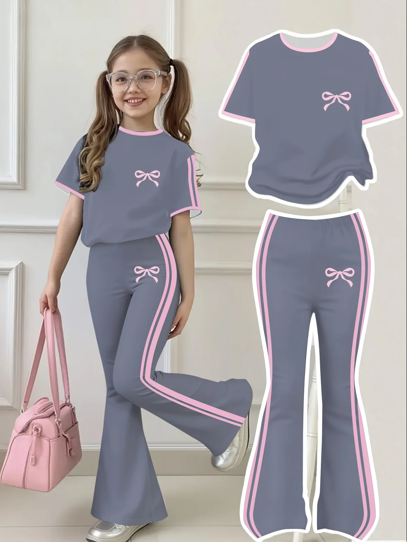 Girls' Summer Casual Outfit: Bow Print Short-Sleeve T-Shirt + Flared Long Pants Two-Piece Set with Pink Trim and Bow Print, Fashionable and Versatile, Suitable for Girls Aged 4-12, for Home and Outdoor Wear