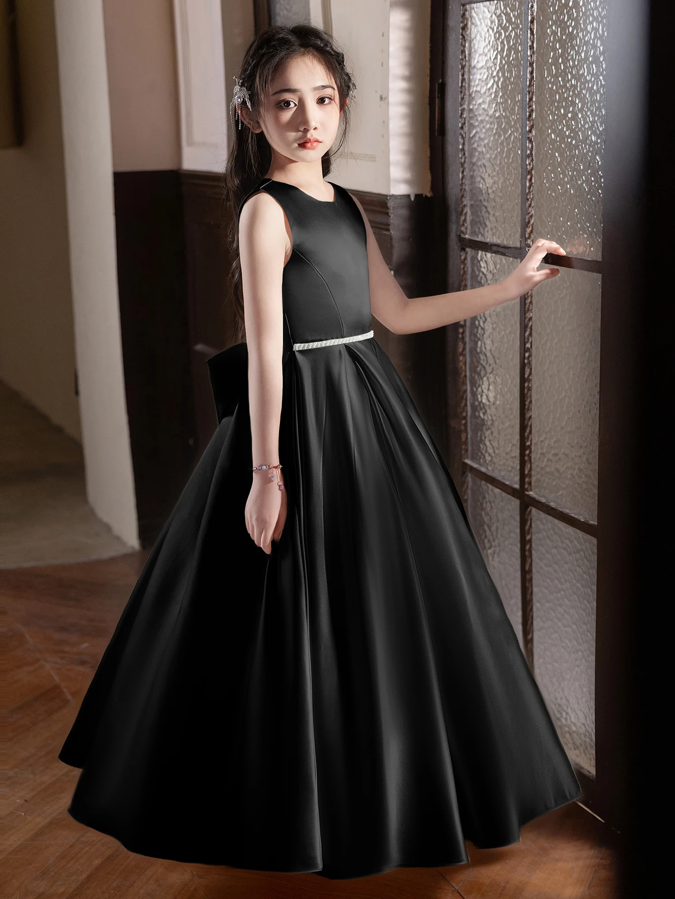 Black Long Dress For Teenage Girls Birthday Party Wedding Big Bow Bridesmaid Dress Evening Gown