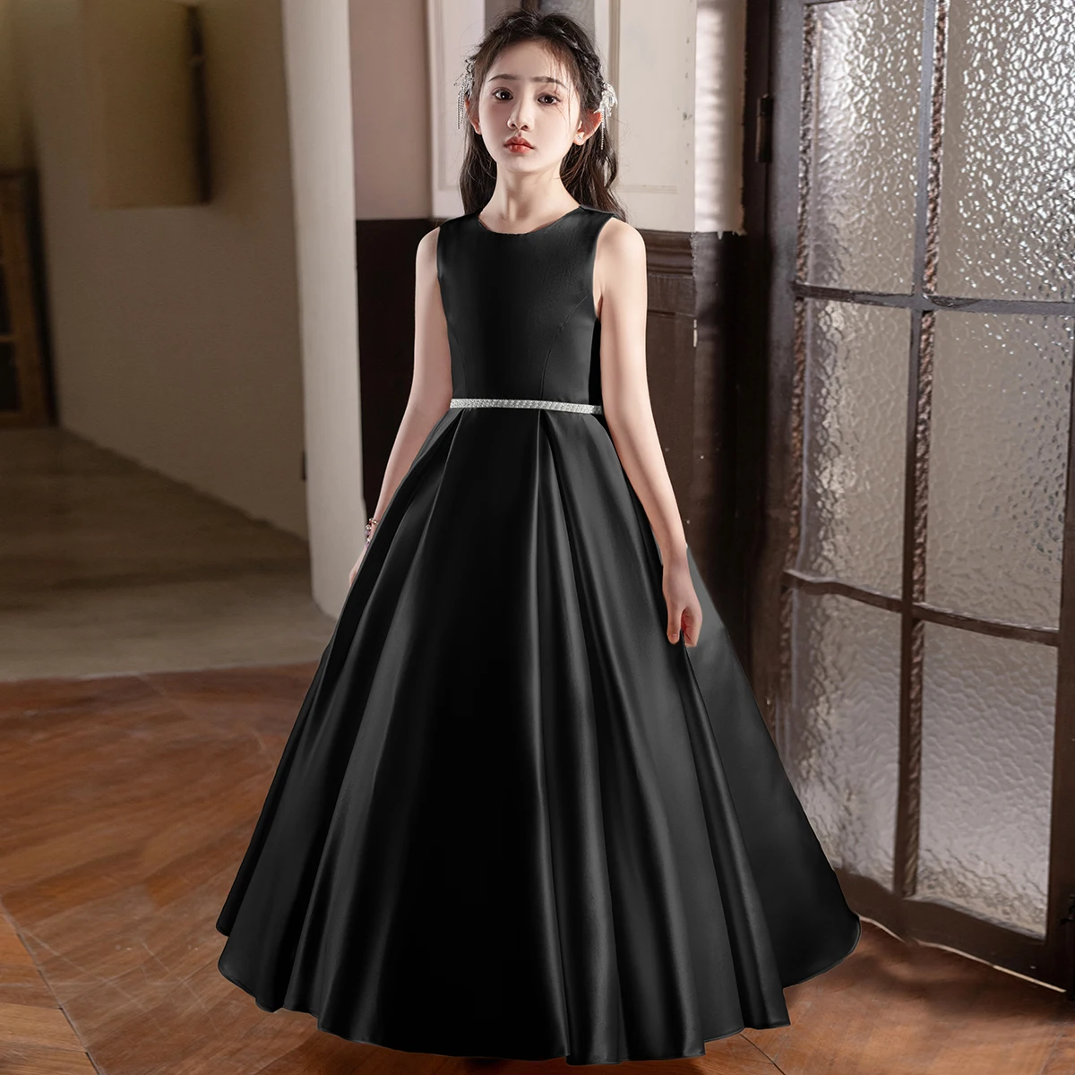 Black Long Dress For Teenage Girls Birthday Party Wedding Big Bow Bridesmaid Dress Evening Gown