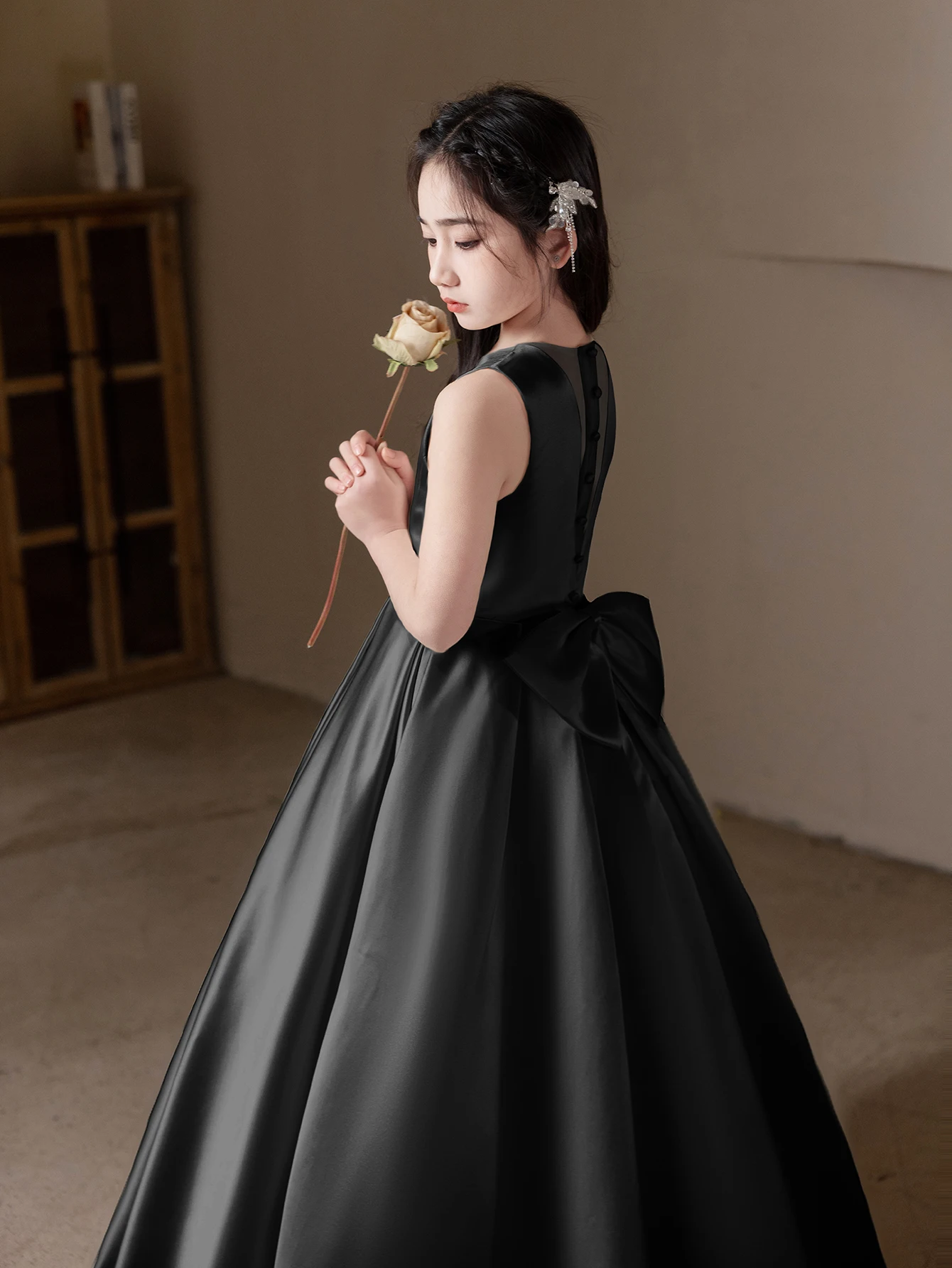 Black Long Dress For Teenage Girls Birthday Party Wedding Big Bow Bridesmaid Dress Evening Gown