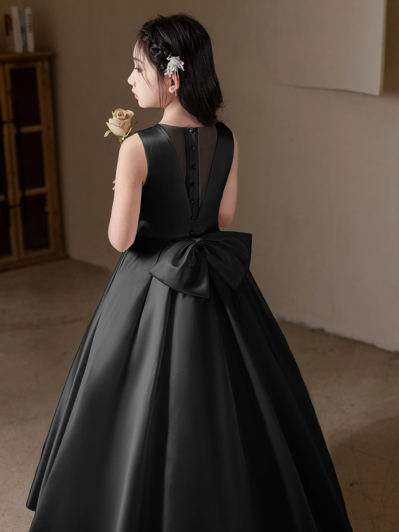 Black Long Dress For Teenage Girls Birthday Party Wedding Big Bow Bridesmaid Dress Evening Gown