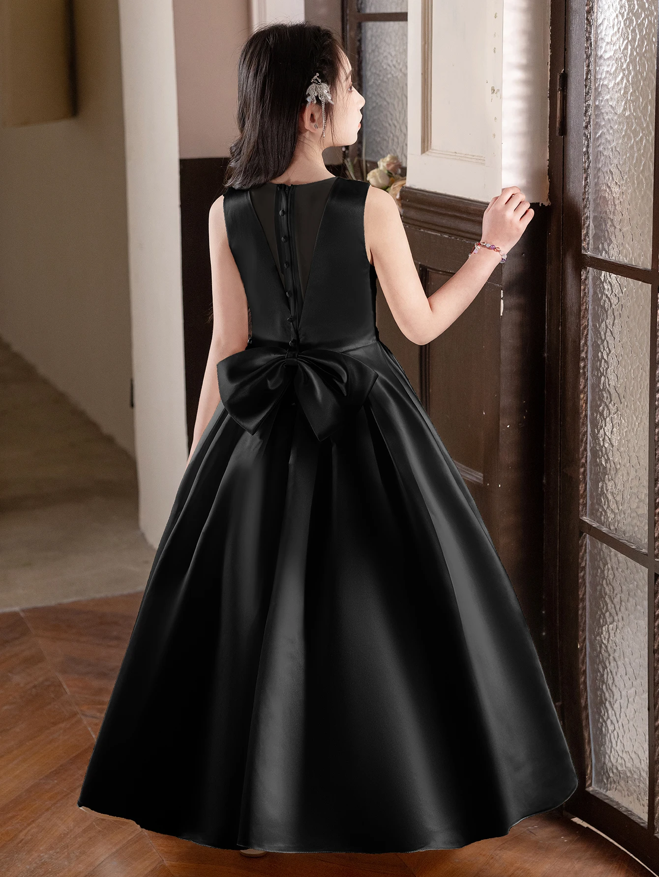 Black Long Dress For Teenage Girls Birthday Party Wedding Big Bow Bridesmaid Dress Evening Gown