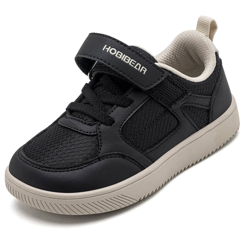HOBIBEAR Toddler Kids Wide Toe Shoes Hook-Loop Minimalist Sneakers Lightweight Artificial Leather Mesh Walking Shoes