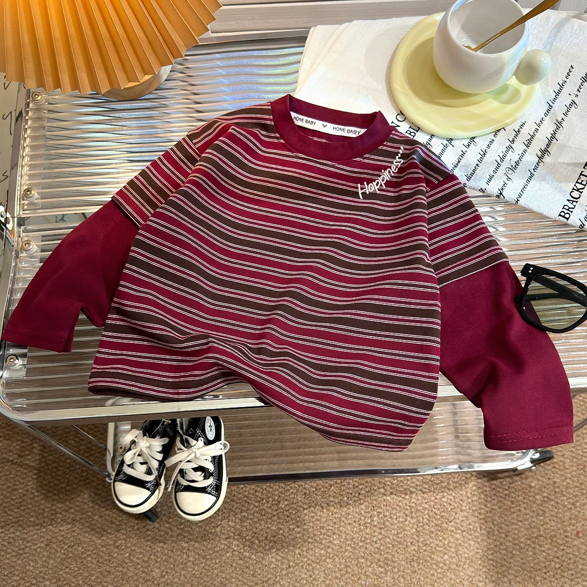 1-10Y Korean Style Kids Boys Striped Top Cotton Splicing Loose Basic Kids T-Shirt Autumn Soft Breathable Children Clothes