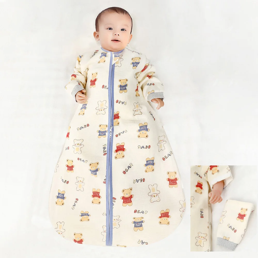 Sleeping Bag For Babies 0-24Months Soft Cotton Gauze Breathable 3-Ways Zipper Puppy Dog Baby Sleeping Bag With Removable Sleeves