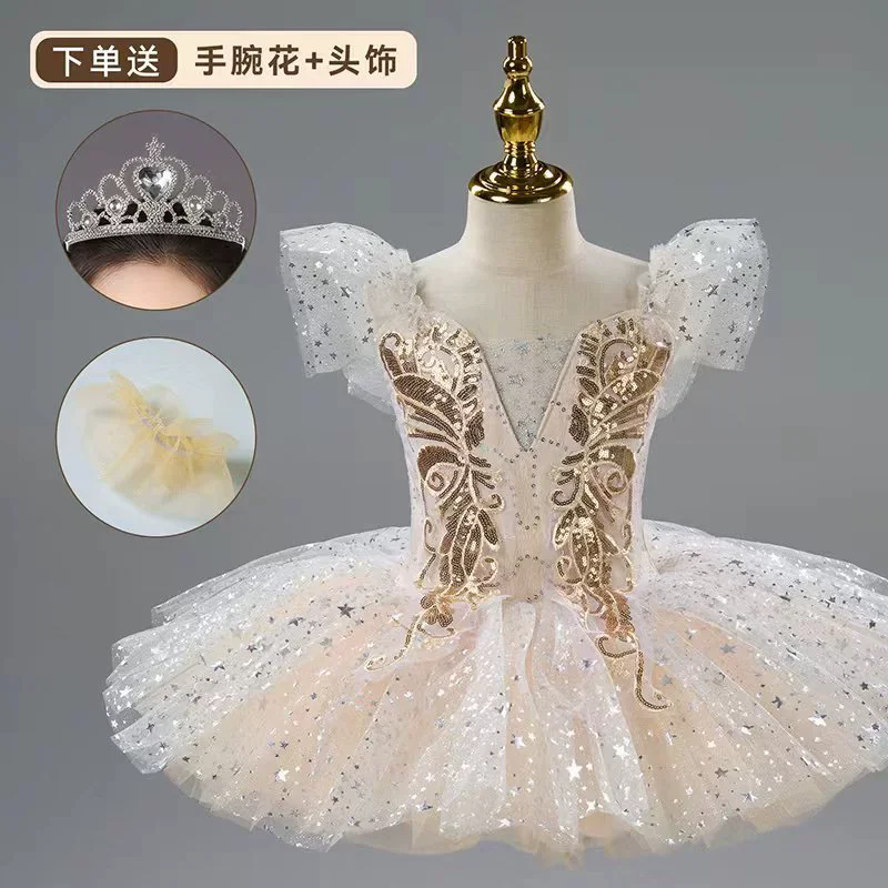 Romantic Kids Ballet Tutu Dress Girl's Dance Skirt Gold Sequin Ballet Skirt Performance Clothing Children Long Princess Dress