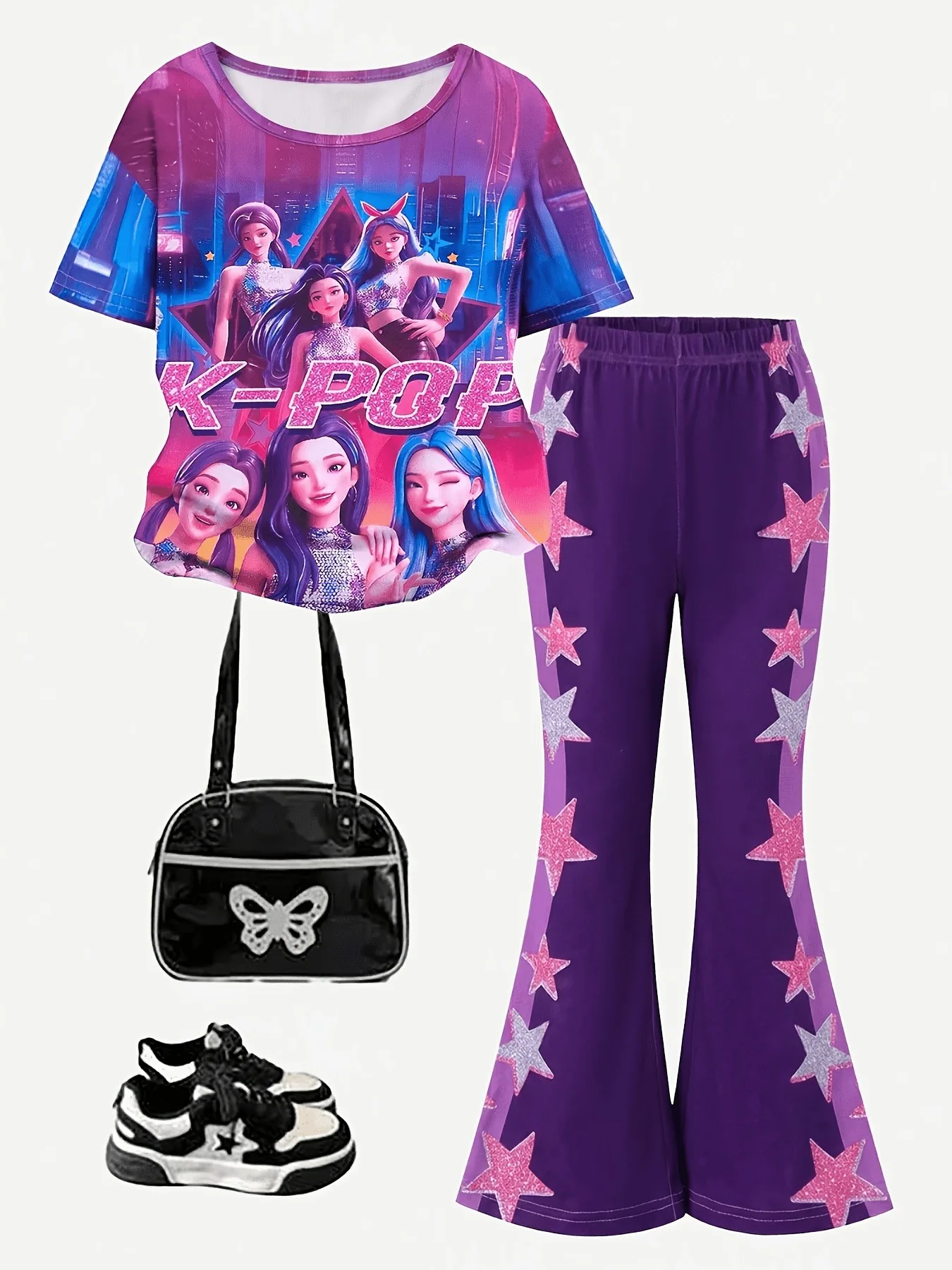 Trendy Girls 2Pcs Y2K Casual Suit, Vibrant K-pop Idol Full Print Short Sleeve Top, Star Sticker Decor Elastic Waist Purple Bell-