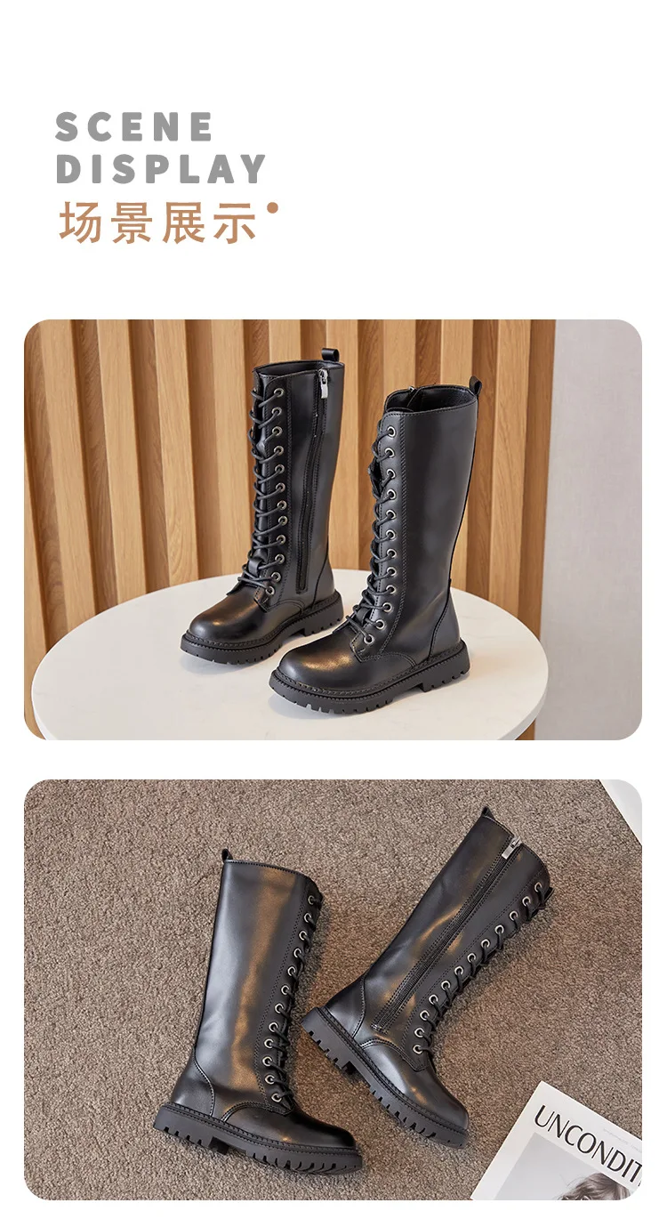 Girls Long Boots Children Knee-High Fashion Motorcycle Boots Rubber Soft Platform for Princess Kids High Boots Classic Winter