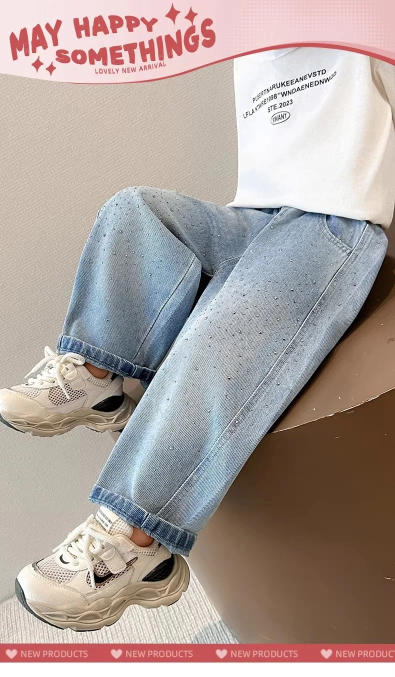 2026 Spring Autumn Kids Girl Jeans  Trendy Loose Casual Kids Denim Pants with Embellishments Children Girls Shiny Trousers