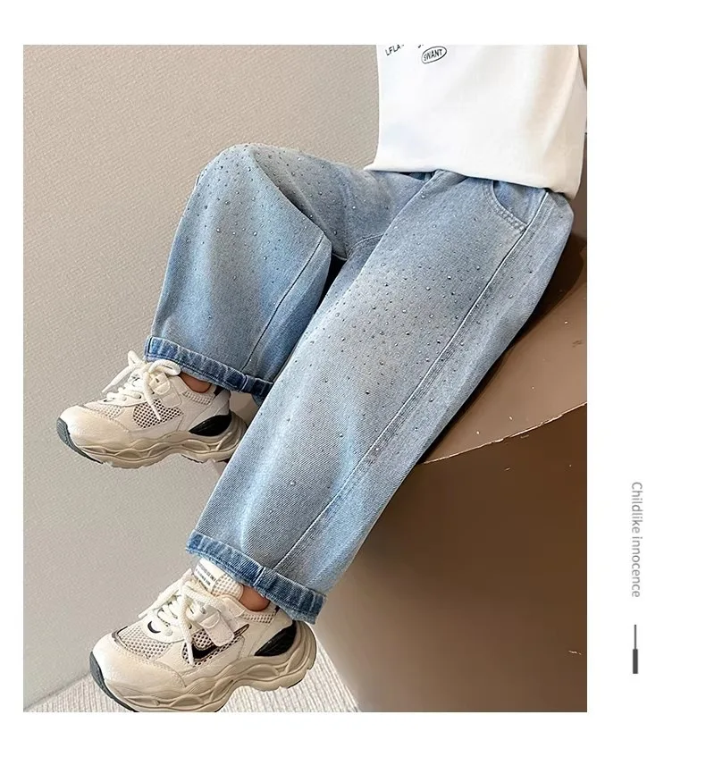2026 Spring Autumn Kids Girl Jeans  Trendy Loose Casual Kids Denim Pants with Embellishments Children Girls Shiny Trousers