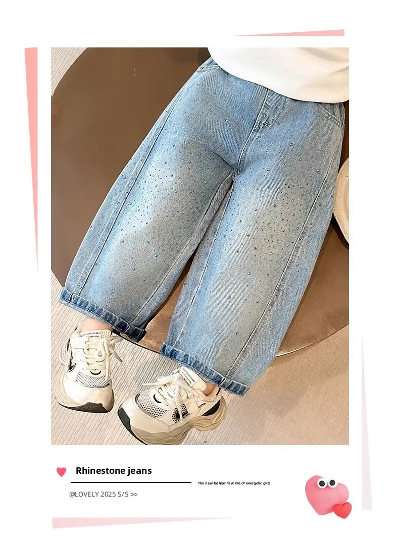 2026 Spring Autumn Kids Girl Jeans  Trendy Loose Casual Kids Denim Pants with Embellishments Children Girls Shiny Trousers