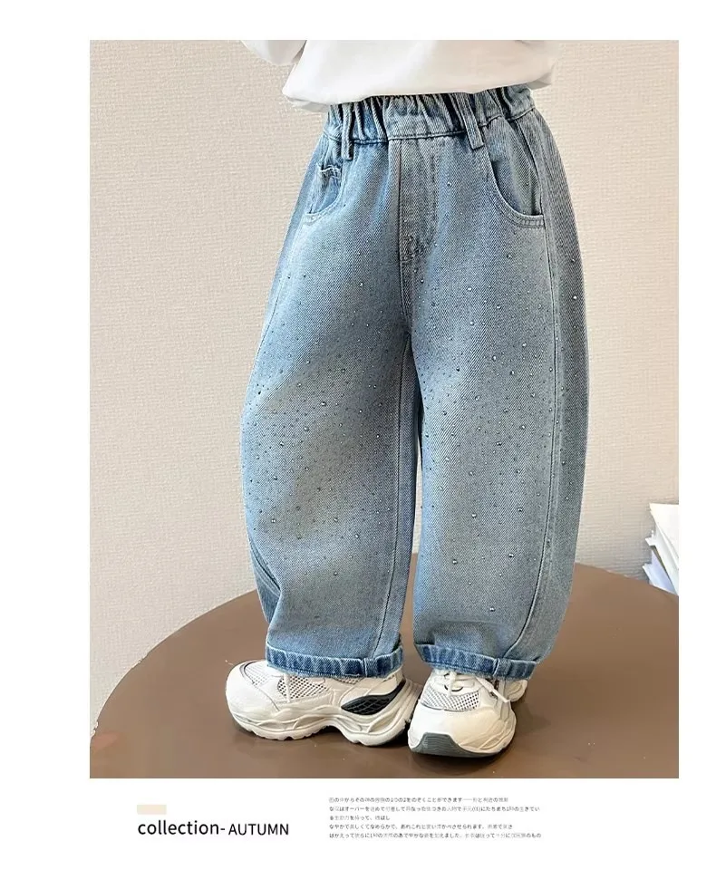 2026 Spring Autumn Kids Girl Jeans  Trendy Loose Casual Kids Denim Pants with Embellishments Children Girls Shiny Trousers