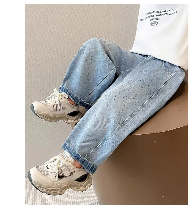 2026 Spring Autumn Kids Girl Jeans  Trendy Loose Casual Kids Denim Pants with Embellishments Children Girls Shiny Trousers