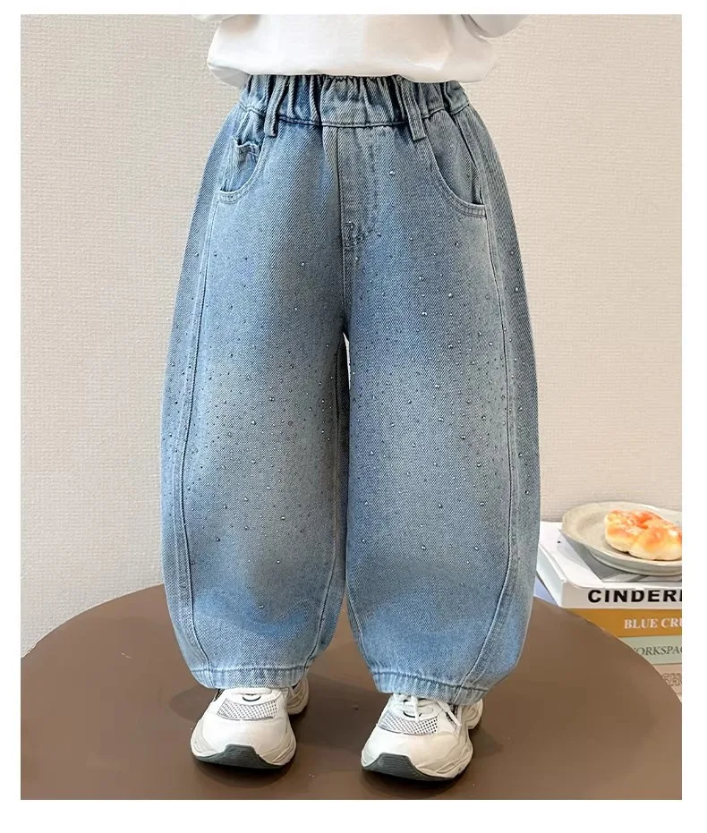 2026 Spring Autumn Kids Girl Jeans  Trendy Loose Casual Kids Denim Pants with Embellishments Children Girls Shiny Trousers