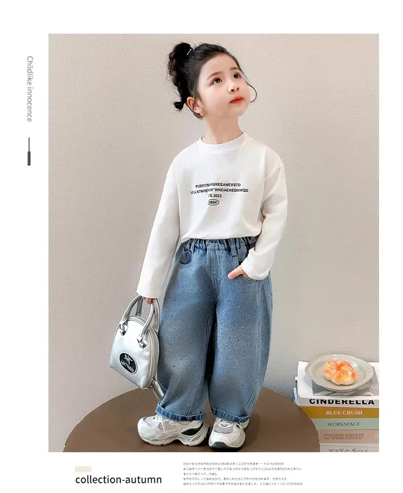 2026 Spring Autumn Kids Girl Jeans  Trendy Loose Casual Kids Denim Pants with Embellishments Children Girls Shiny Trousers