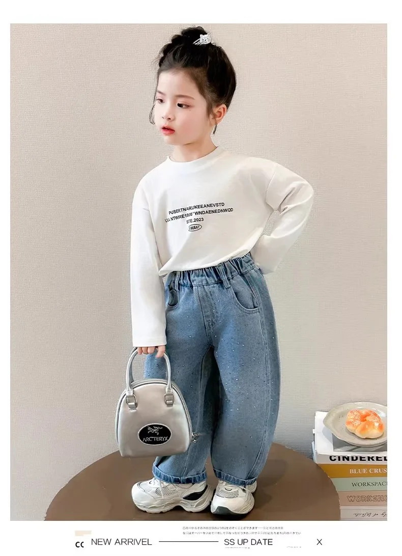 2026 Spring Autumn Kids Girl Jeans  Trendy Loose Casual Kids Denim Pants with Embellishments Children Girls Shiny Trousers