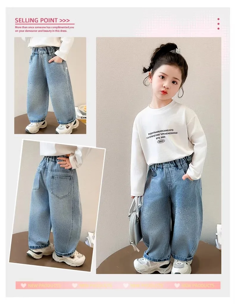 2026 Spring Autumn Kids Girl Jeans  Trendy Loose Casual Kids Denim Pants with Embellishments Children Girls Shiny Trousers
