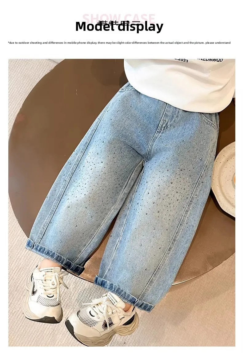 2026 Spring Autumn Kids Girl Jeans  Trendy Loose Casual Kids Denim Pants with Embellishments Children Girls Shiny Trousers