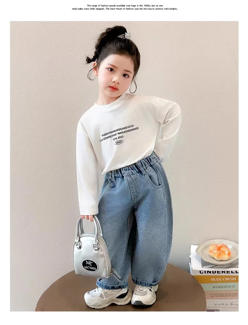2026 Spring Autumn Kids Girl Jeans  Trendy Loose Casual Kids Denim Pants with Embellishments Children Girls Shiny Trousers