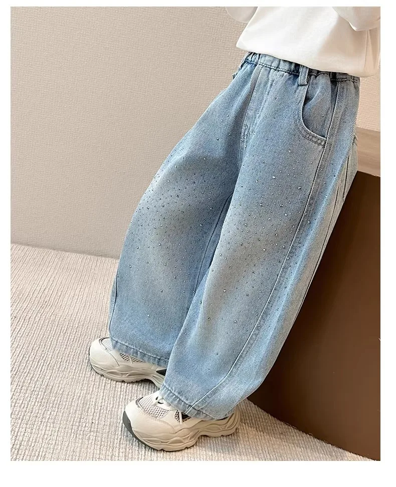 2026 Spring Autumn Kids Girl Jeans  Trendy Loose Casual Kids Denim Pants with Embellishments Children Girls Shiny Trousers
