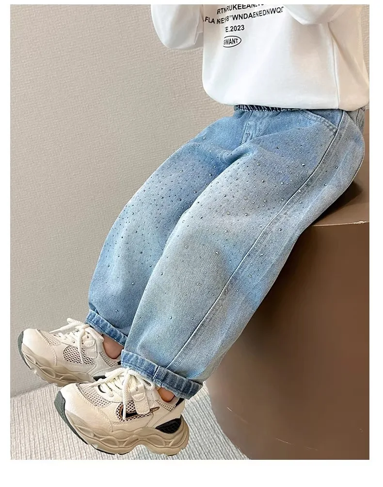 2026 Spring Autumn Kids Girl Jeans  Trendy Loose Casual Kids Denim Pants with Embellishments Children Girls Shiny Trousers